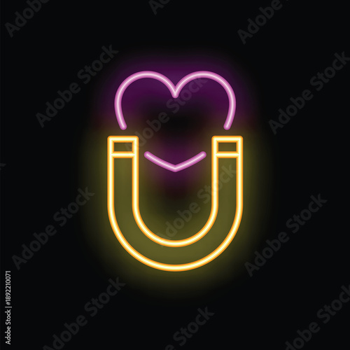 Neon sign representing a magnet attracting a heart, illustrating the concept of love attraction