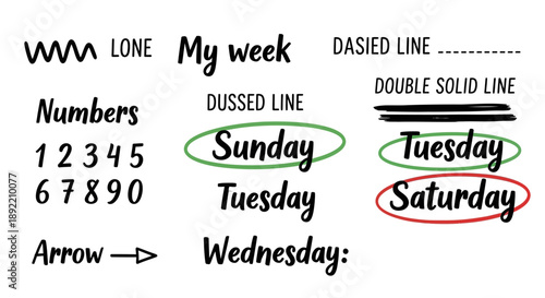 A graphic illustration of various typography elements and lines on a plain surface with numbers and words.