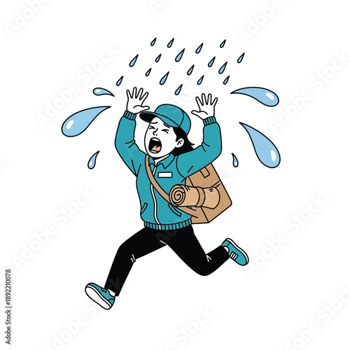 A cartoon illustration of a person running frantically in the heavy rain, looking distressed and crying, while carrying a backpack.
