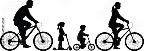 Family Cycling Silhouettes Vector Set – Parents and Kids Riding Bicycles