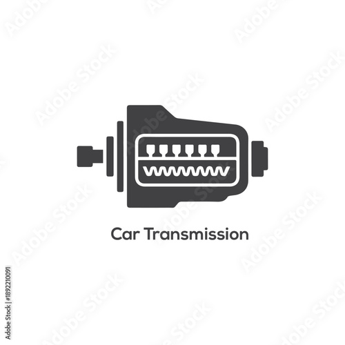 Minimalist vector icon of car transmission gearbox for automotive drivetrain engineering and vehicle mechanical repair systems on white background.
