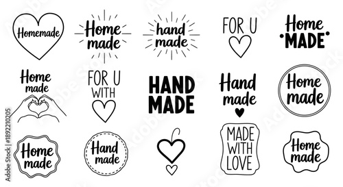 Handmade heart shaped stickers and labels with love on white background for gifts
