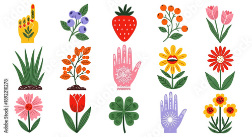 A colorful arrangement of hands, flowers, and fruits are being displayed.