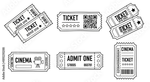 Various cinema tickets are shown on a surface with unique designs.