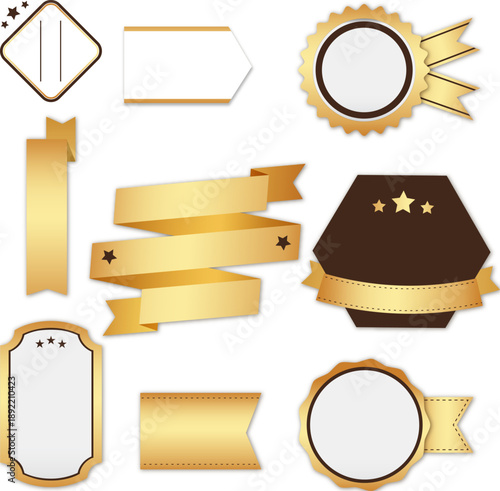高級感のあるゴールドリボンとラベル装飾フレームセット｜賞状・認定証・ギフトタグ・セール告知に使えるエレガントなデザイン素材