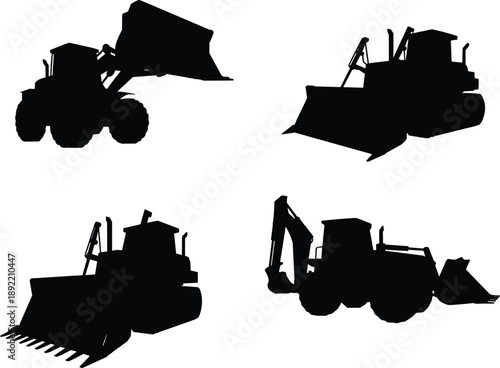 Set of Heavy Construction Machinery Silhouettes Including Bulldozer Excavator and Front End Loader for Building Industry Civil Engineering and Earthmoving Projects