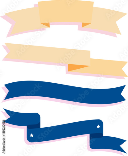 パステルカラーとネイビーのリボンバナーセット｜見出し・タイトル装飾に使えるシンプルで可愛い帯デザイン素材イラスト