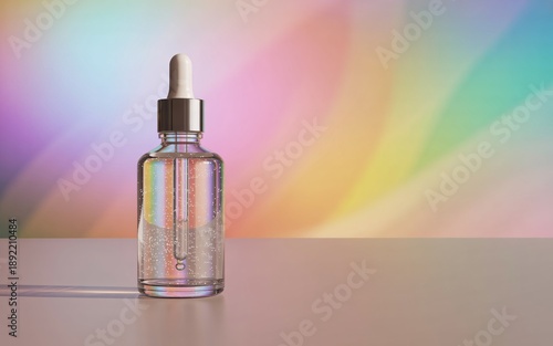 Wallpaper Mural Clear Dropper Bottle with Bubbles and Iridescent Light Refraction serum cosmetic Torontodigital.ca