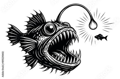 Engraved style illustration of an anglerfish depicting a predatory deep-sea creature with its glowing lure for marine life concepts