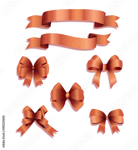 上品な光沢感のあるブラウン系カラーで表現したリボンバナーと結びリボンの装飾セット｜ギフト・見出し・キャンペーンに使いやすい高級感のあるデザイン素材イラスト