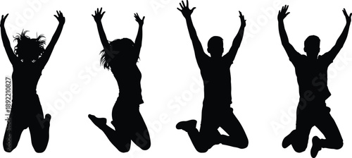 Collection, of, black, silhouettes, featuring, young, men, and, women, jumping, for, joy, representing, success, freedom, energy, happiness, celebration, and, victory.