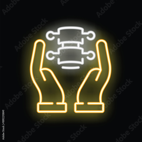 Neon medical icon of doctor's hands holding spinal column, symbolizing healthcare and spine protection