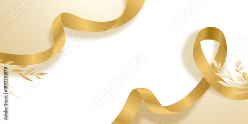 金色のリボンが曲線を描いて舞うボタニカル装飾付きエレガントなホワイト背景イラスト素材