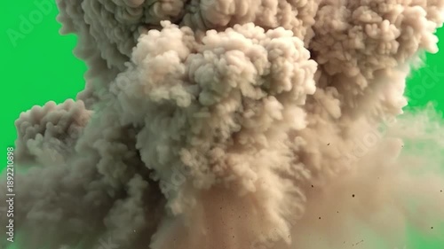 A massive explosion of dirt and debris, isolated on plain Green screen chroma key
