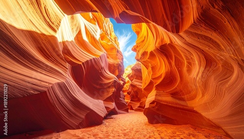 Vibrant Orange and Red Sandstone Walls of Antelope Slot Canyon bathed in Dramatic Sunlight, Arizona Landscape