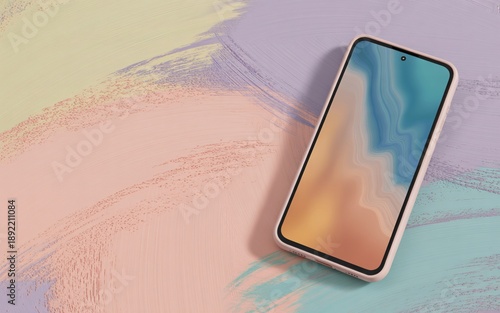 Wallpaper Mural Modern Smartphone Displaying Abstract Swirls on Pastel Brushstroke Background mobile phone technology Torontodigital.ca