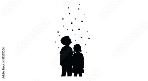 Silhouette of children looking up at stars in the night sky.