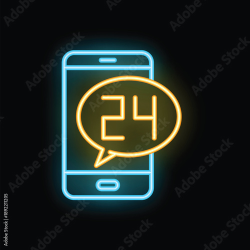 Neon glowing smartphone with 24 hours availability support chat bubble on dark background