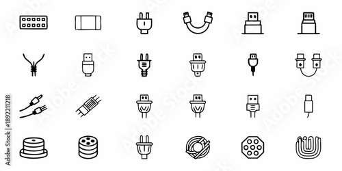 Electric Plug and Socket Icons Set, Various Types of Power Connectors