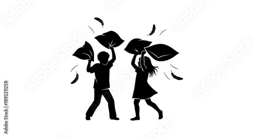 Silhouette of children having a pillow fight, vector illustration.