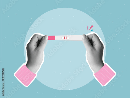 Black and white hands holding a positive pregnancy test. Modern photo collage style. Vector illustration
