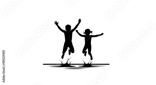 Silhouette of children jumping in a puddle, symbolizing joy and playfulness.