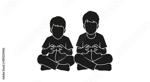 Two boys playing video games, vector illustration on white background.