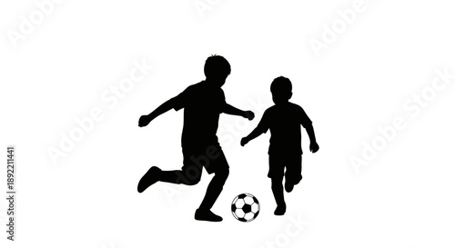 Silhouette of two young boys playing soccer together on a white background.