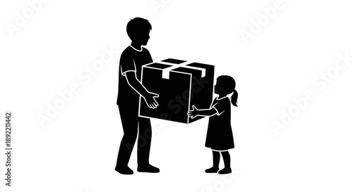 Father and daughter carrying a large cardboard box together in silhouette.