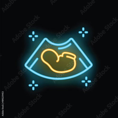 Neon sign showing a baby during an ultrasound appointment