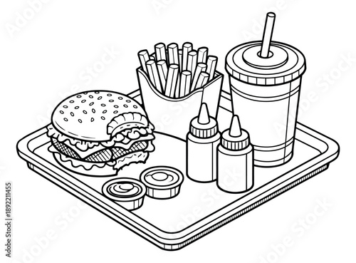 Hand drawn line art fast food meal set featuring a bitten hamburger, french fries, soda, and condiments on a tray for restaurant menu design