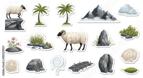 A charming sticker collection of mountain landscapes, sheep, palm trees, rocks, and wool, perfect for nature-themed projects.