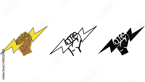 A graphic illustration of fists with lightning bolts in different colors