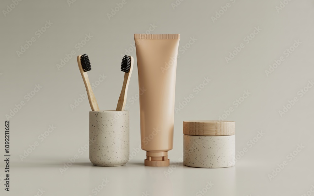 Naklejka premium Two Bamboo Toothbrushes in Speckled Holder with Cream Tube and Jar image photo