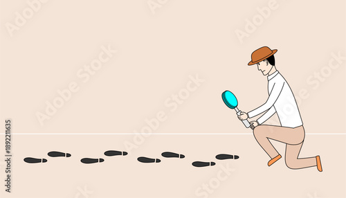 Man in a hat is looking at a footprint with a magnifying glass