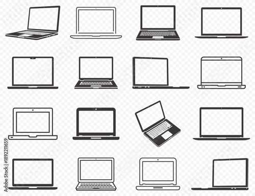 Laptop icons set. Laptop computers in different styles isolated on transparent background.