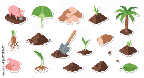 Isometric farming sticker collection showing a pig digging, potatoes, a palm tree, a shovel, and various stages of plant growth.