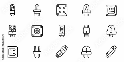 Electric Plug and Socket Icons Set, Various Types and Shapes