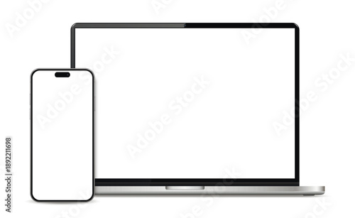 Modern laptop front view and smartphone mockup isolated on white background