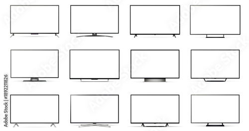Smart TV mockup set. Television display with blank screens isolated on white background.