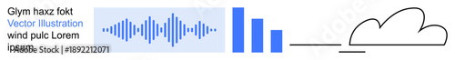 Technology trends, data visualization, audio analysis, cloud computing, weather apps, media analytics. Blue soundwave, bar chart and cloud line. Data visualization and audio analysis