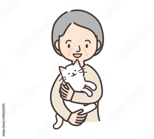 白い猫を抱っこするシニア女性のイラスト