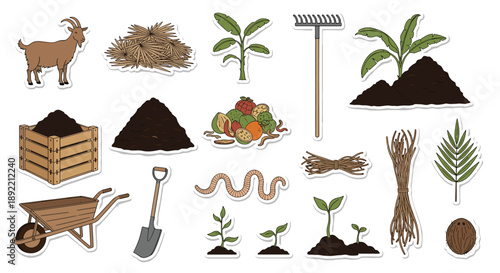 A comprehensive set of composting and organic gardening stickers, including a goat, compost bin, earthworms, and various plants.