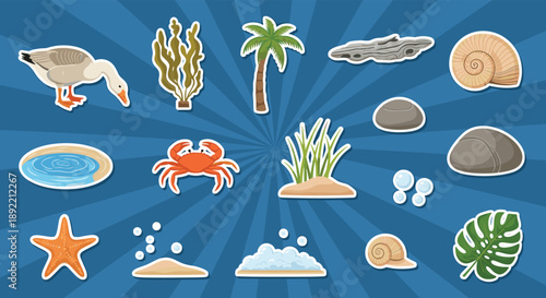 A bright and fun marine life sticker set on a blue-striped background, featuring a goose, crab, starfish, and seaweed.