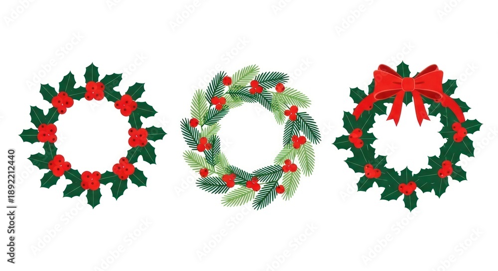 Fototapeta premium Three Christmas wreaths with holly, pine, berries and a red bow