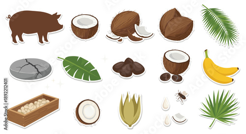A collection of tropical food and nature stickers featuring a pig silhouette, coconuts, bananas, and various exotic plant leaves.