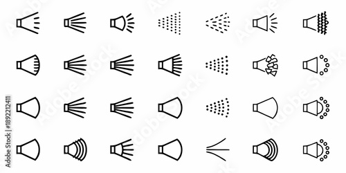 Shower Head Icons Set, Diverse Water Spray Patterns, Black and White Vector Graphics, Bathroom Fixture Symbols
