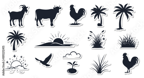 A bold silhouette sticker set of farm animals and nature elements, including a goat, cow, rooster, and palm trees at sunrise.