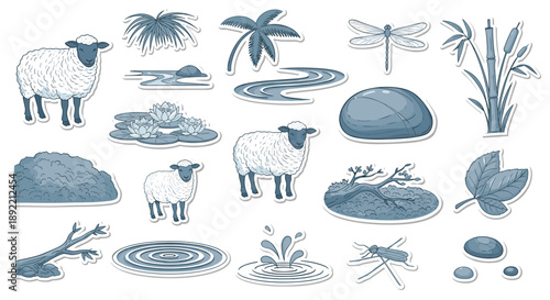 A monochromatic, hand-drawn sticker set depicting a serene riverside scene with sheep, a dragonfly, water lilies, and reeds.