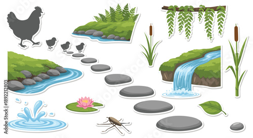 A serene river scene sticker set with a hen and chicks, stepping stones, a waterfall, and various aquatic plants and insects.